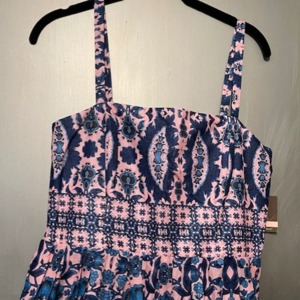 Taylor Retro Pink & Blue Floral Pleated Dress With Pockets Spaghetti Straps - Picture 8 of 16